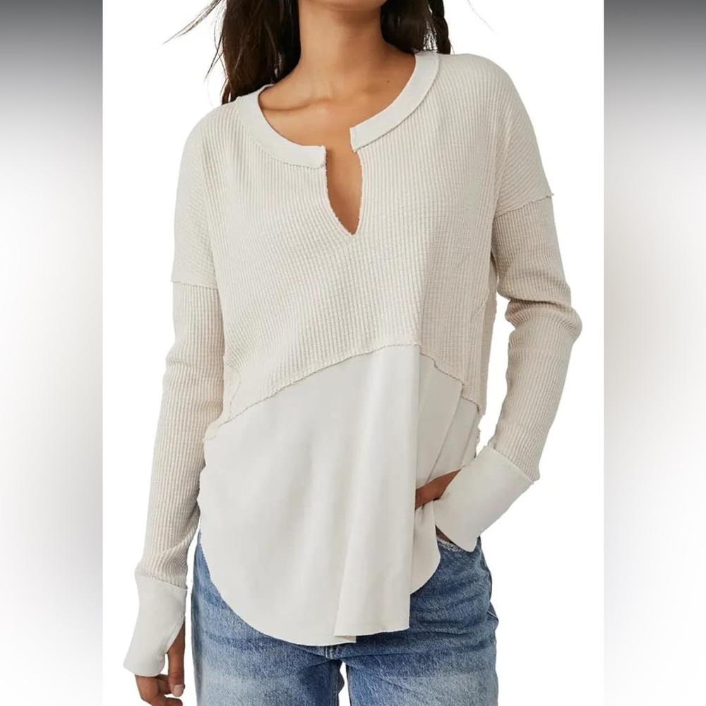 Free People We the Free Cream Monterey V Neck Waffle NWOT Small Tunic Thermal
